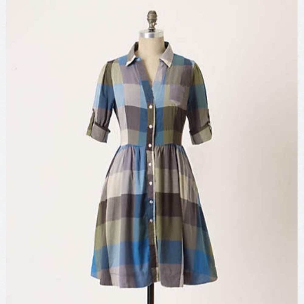 Anthropologie Blue Reed Plaid Shirtdress Sz 2